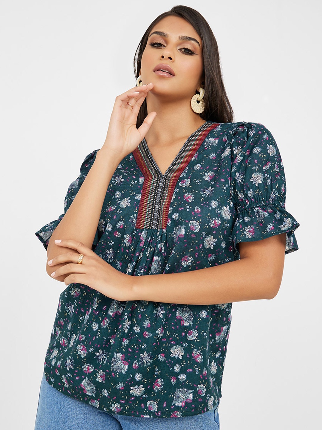 

Styli Floral Printed Bell Sleeve Cotton Top, Navy blue