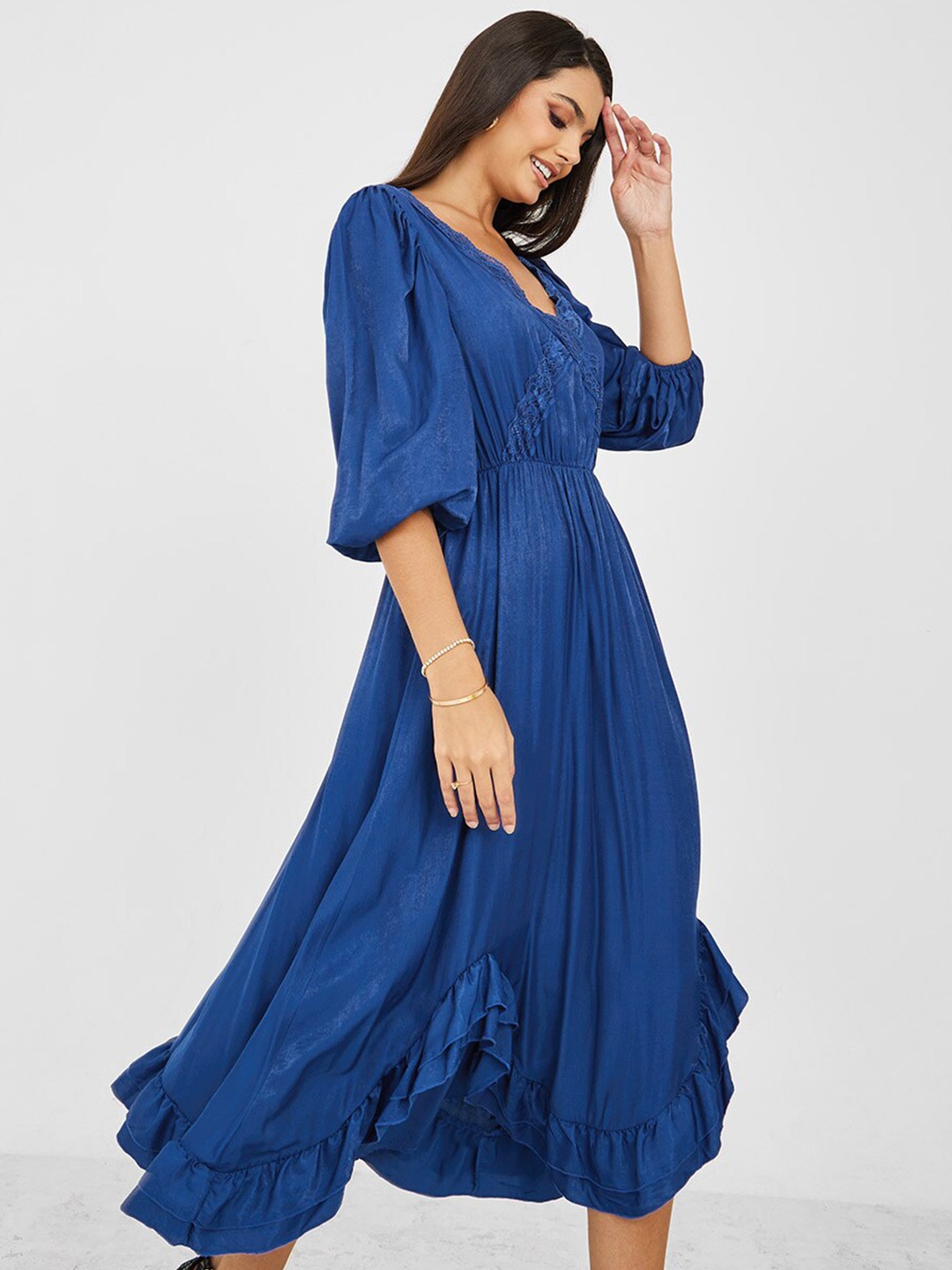 

Styli V-Neck Puff Sleeves Ruffle Detail Fit & Flare Dress, Blue