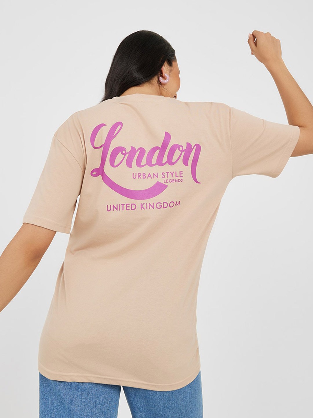 

Styli Typography Printed Drop Shoulder Sleeves Relaxed Fit Cotton T-shirt, Beige