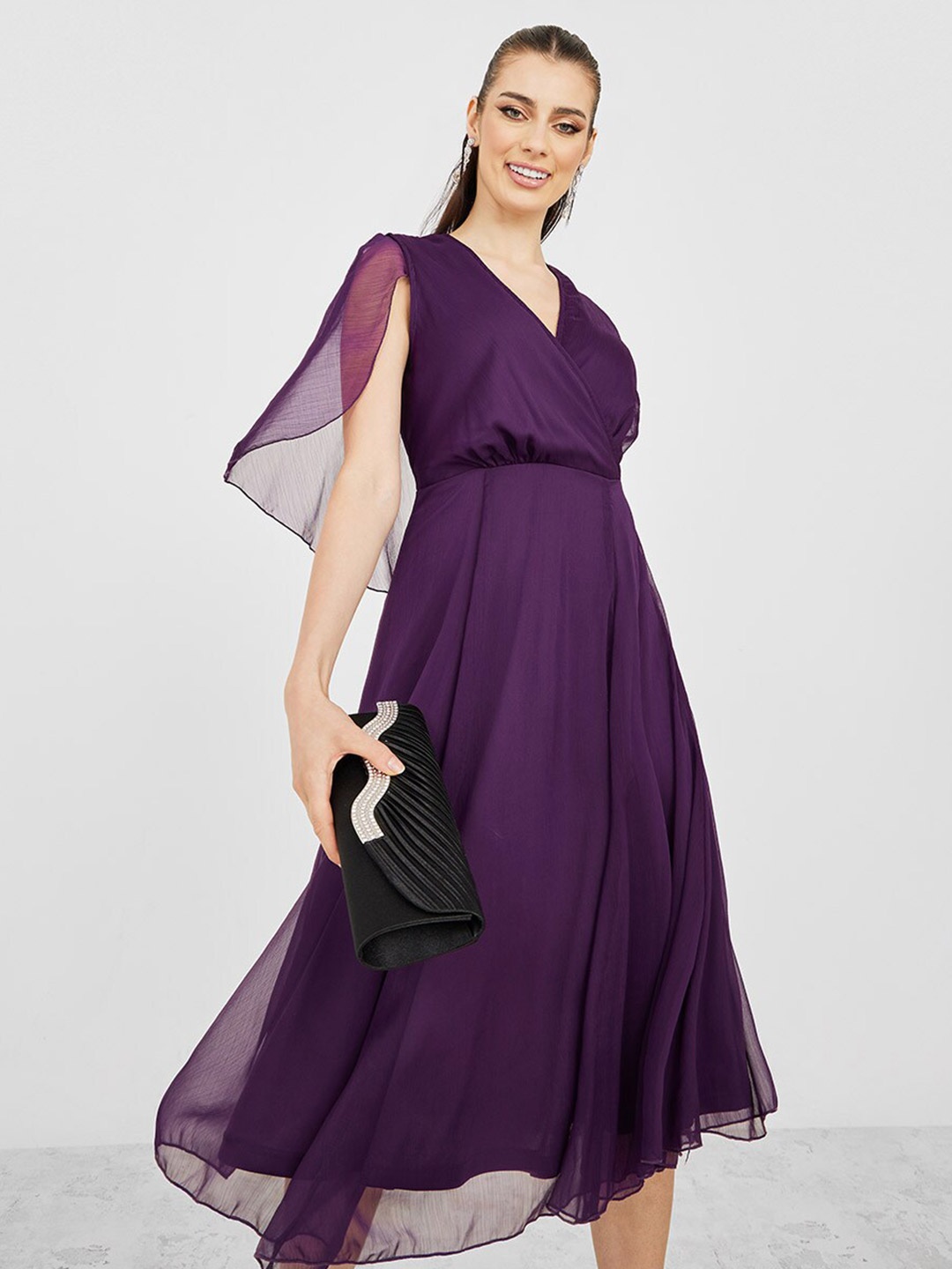 

Styli V-Neck Cape Sleeves Midi Wrap Dress, Purple