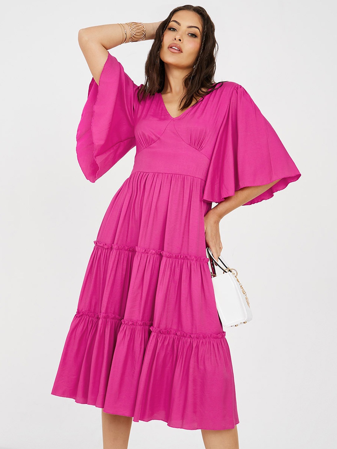 

Styli V-Neck Flared Sleeves Tiered Fit & Flare Midi Dress, Pink