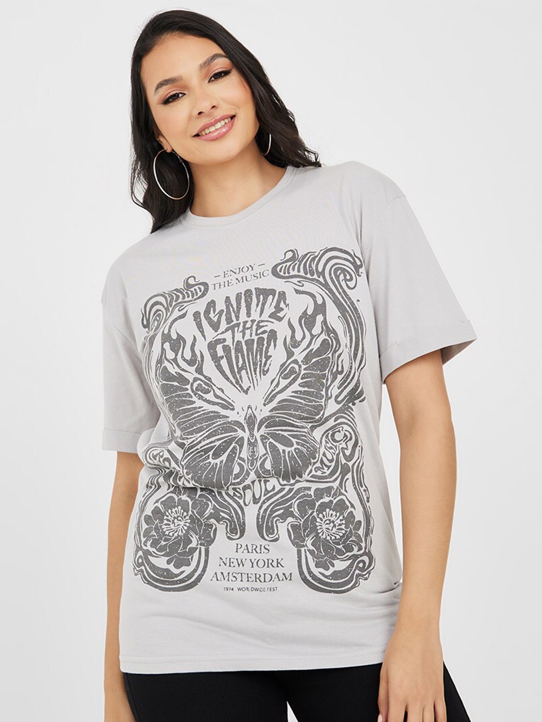 

Styli Graphic Printed Drop Shoulder Sleeves Relaxed Fit Cotton T-shirt, Grey