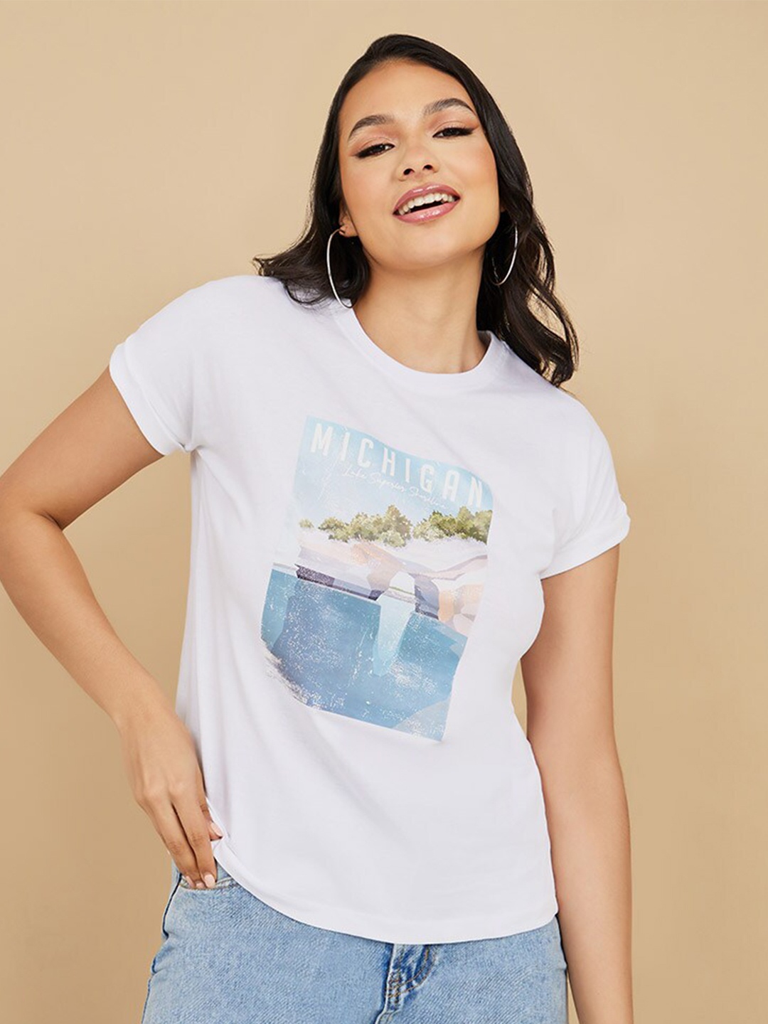 

Styli Graphic Printed Extended Sleeves Cotton T-shirt, White
