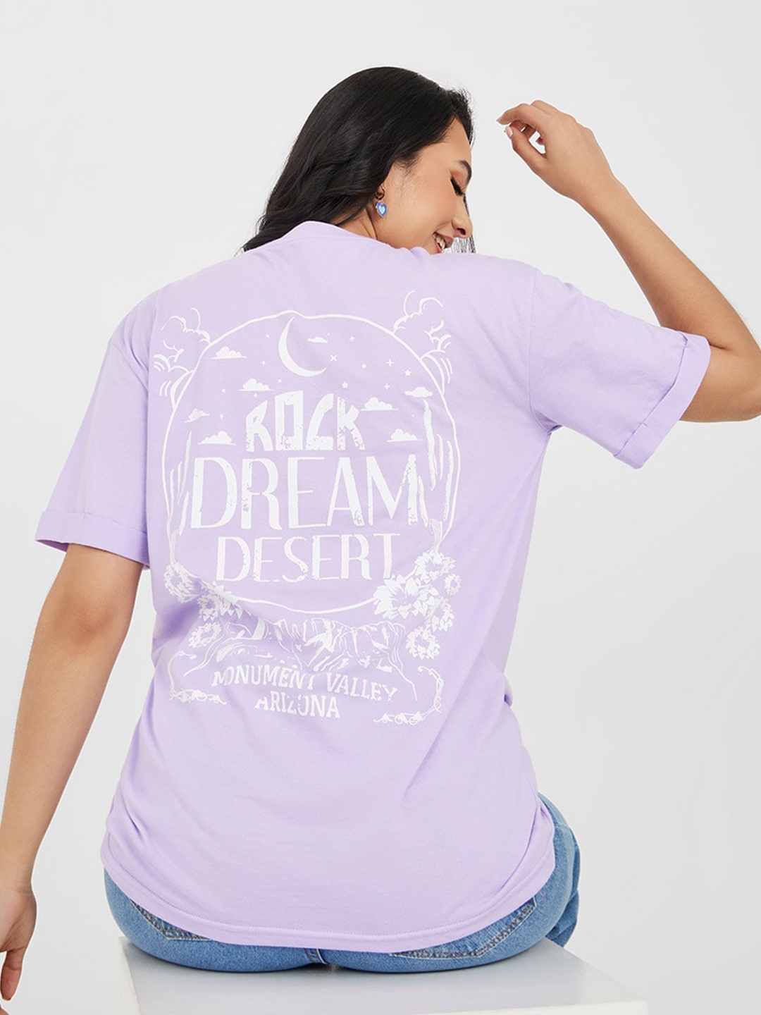

Styli Typography Printed Drop Shoulder Sleeves Relaxed Fit Cotton T-shirt, Purple