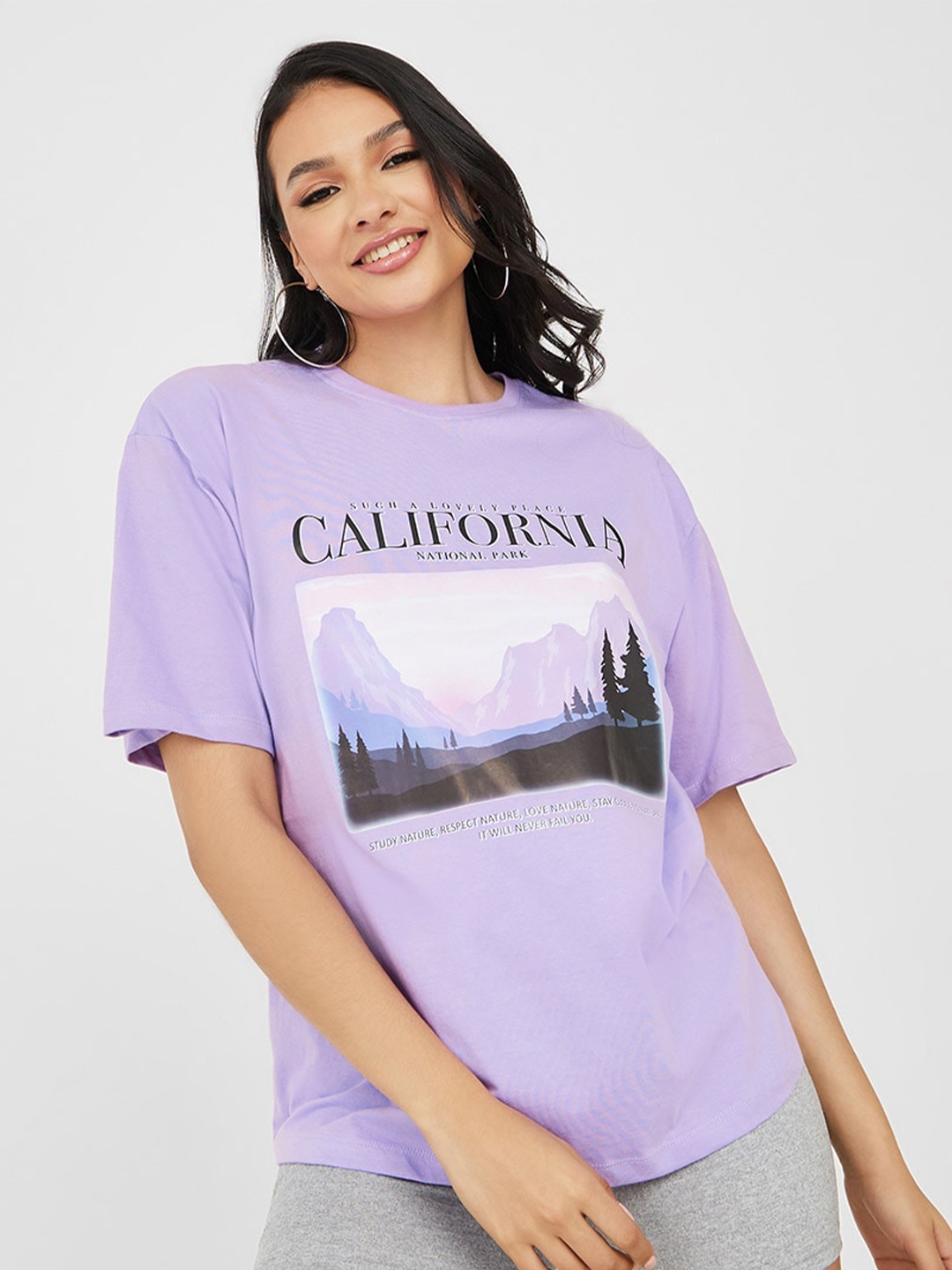 

Styli Graphic Printed Drop Shoulder Sleeves Relaxed Fit Cotton T-shirt, Purple