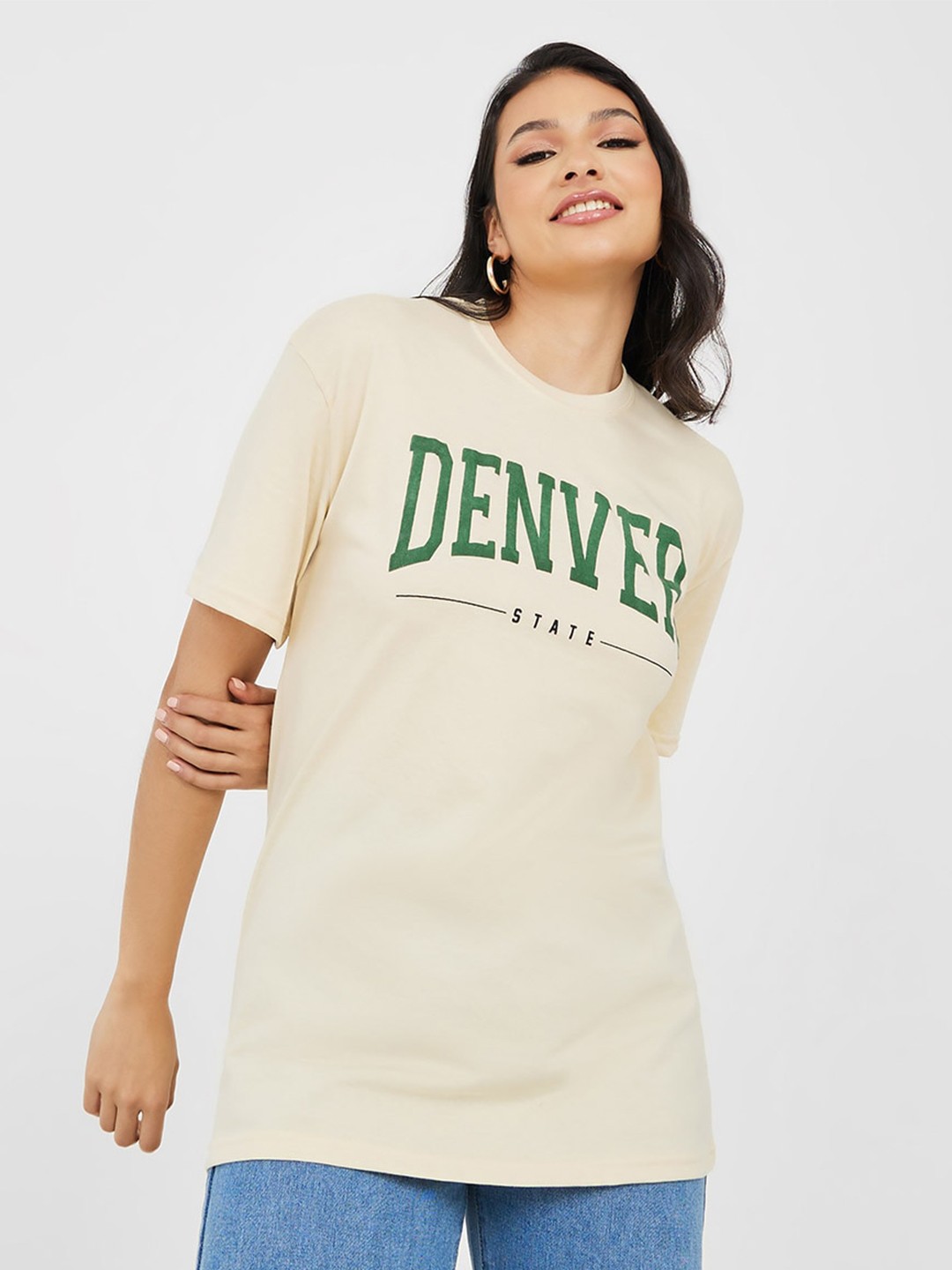 

Styli Typography Printed Drop Shoulder Sleeves Relaxed Fit Cotton T-shirt, Cream