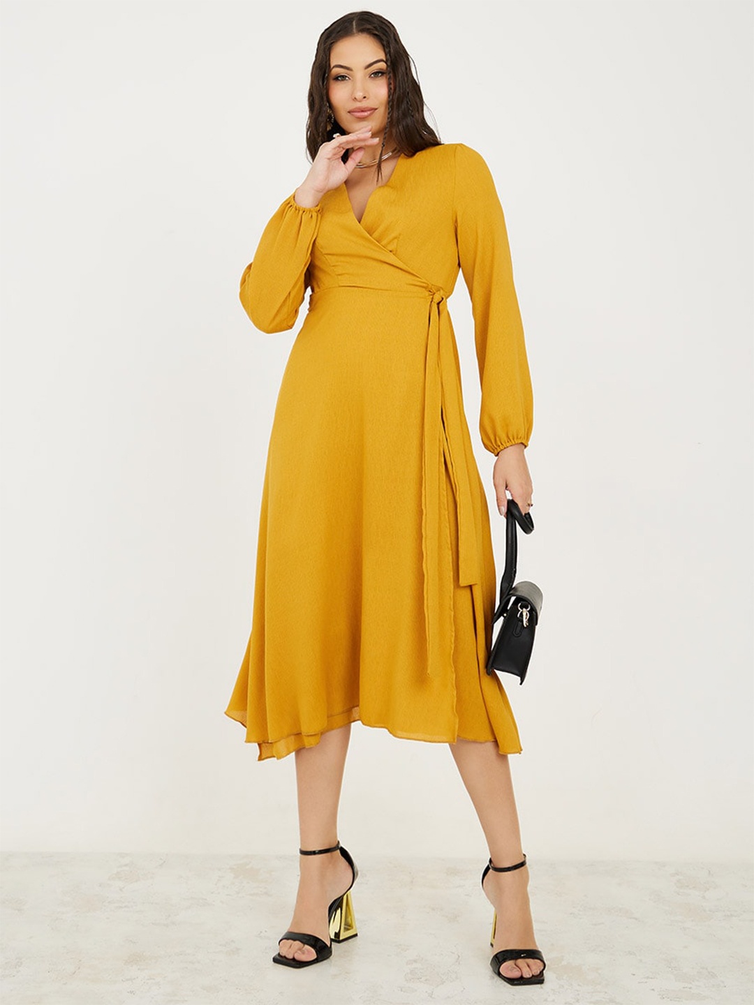 

Styli V-Neck Puff Sleeves Wrap Dress, Mustard