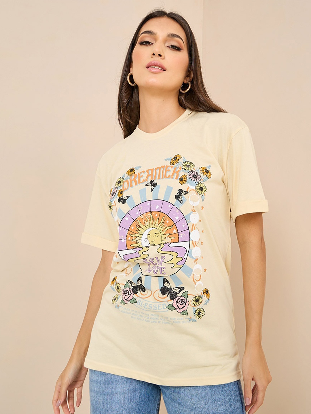 

Styli Graphic Printed Drop Shoulder Sleeves Relaxed Fit Cotton T-shirt, Cream