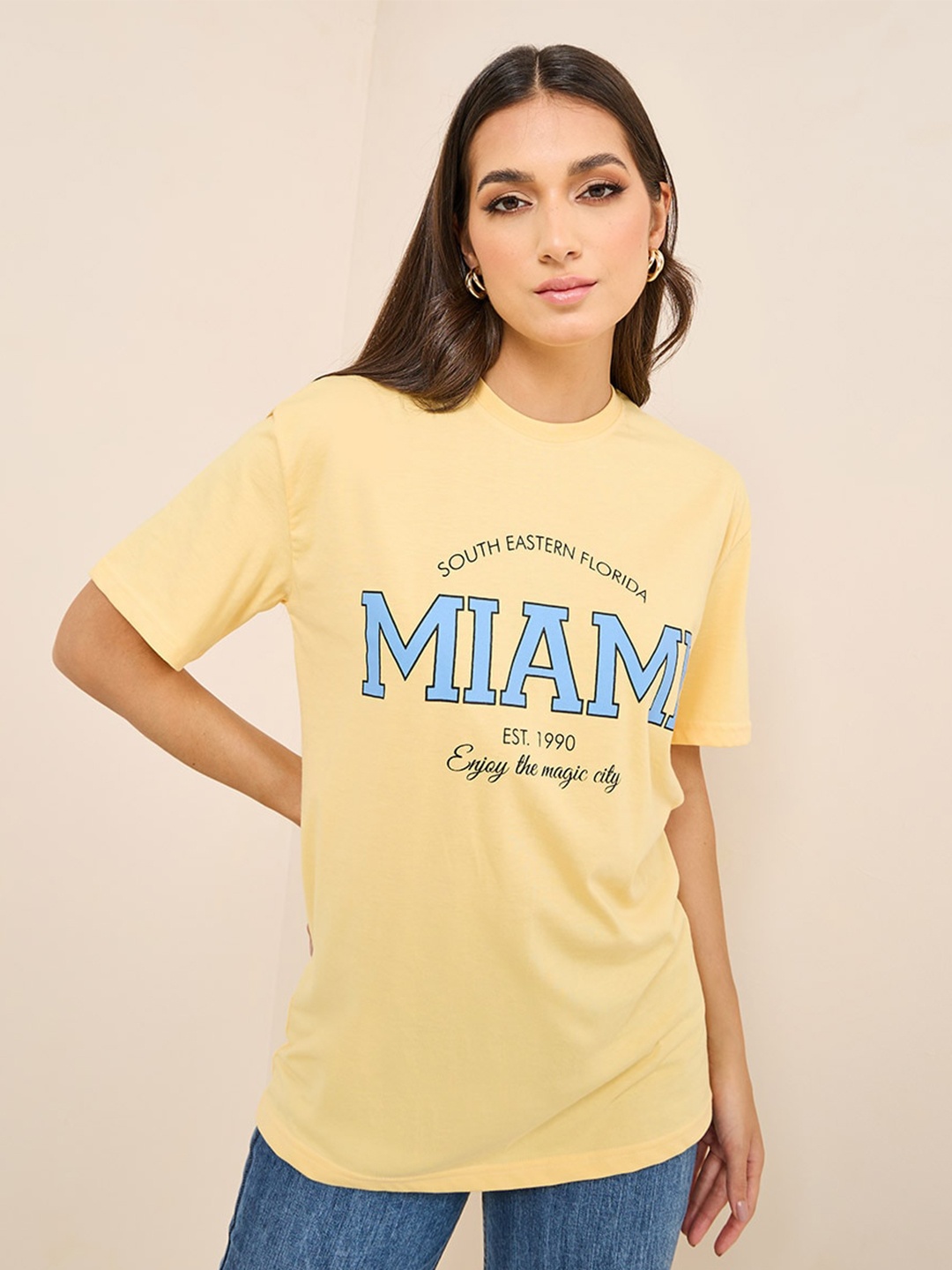 

Styli Typography Printed Drop Shoulder Sleeves Relaxed Fit Cotton T-shirt, Yellow