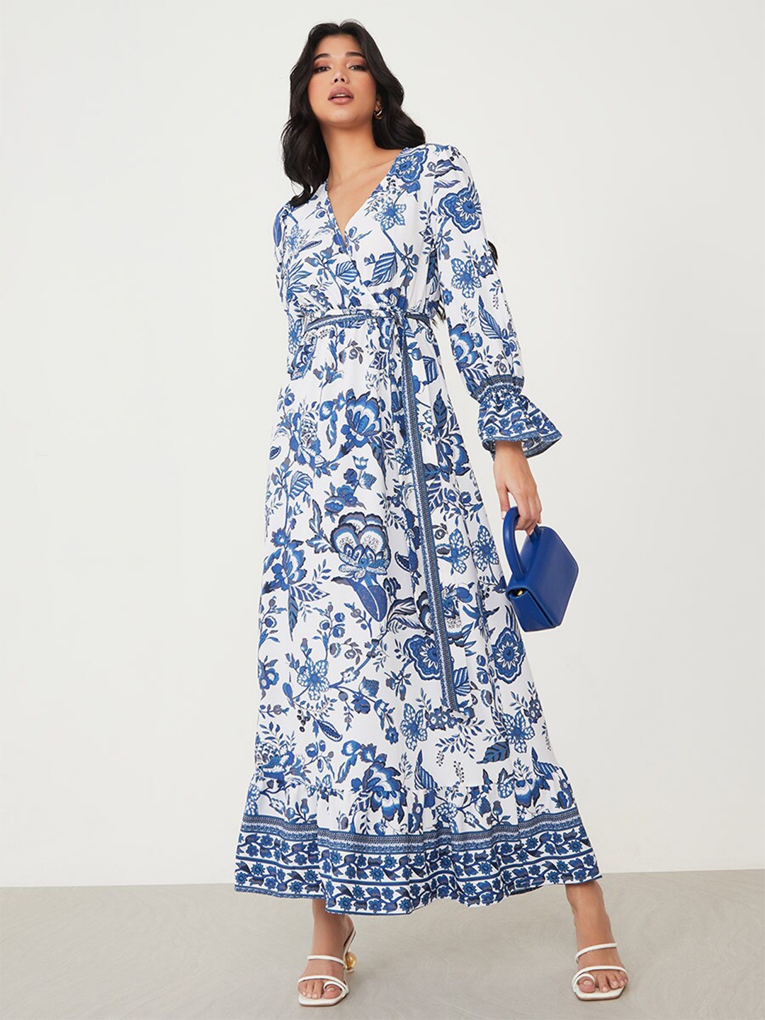 

Styli Ethnic Motifs Printed V-Neck Puff Sleeves Maxi Wrap Dress, Blue