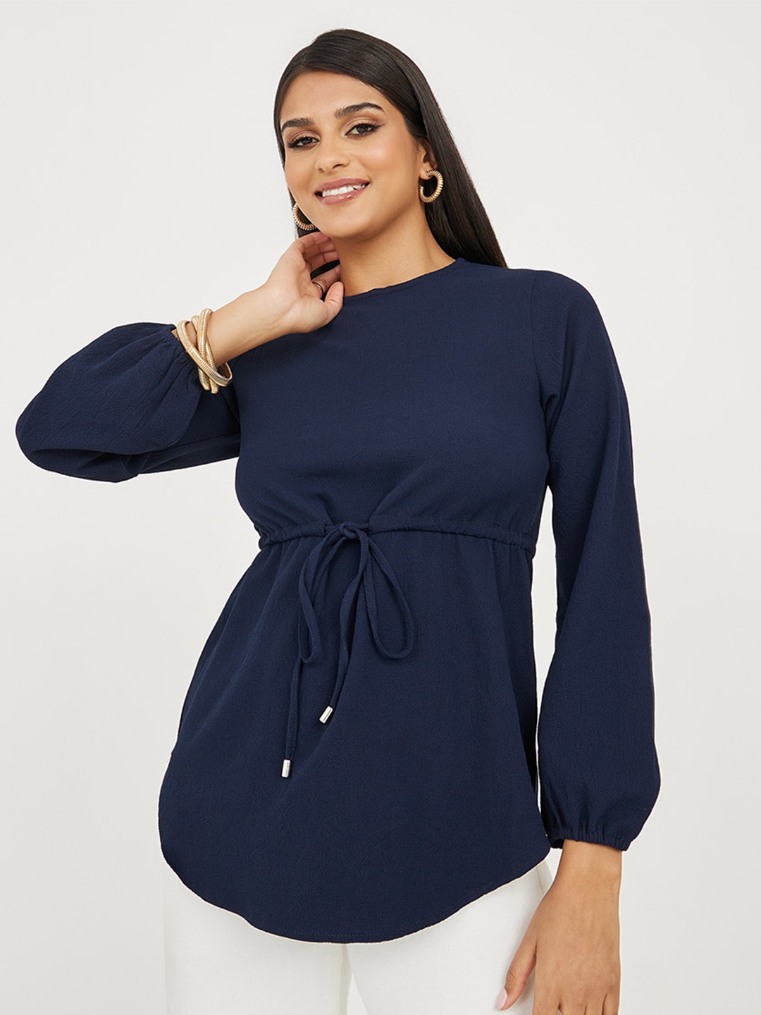

Styli Puff Sleeve Cinched Waist Top, Navy blue