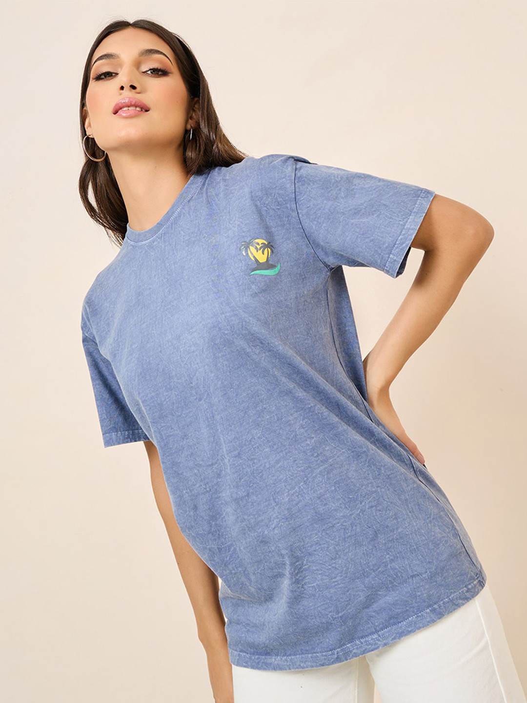 

Styli Graphic Printed Drop Shoulder Sleeves Relaxed Fit Cotton T-shirt, Blue