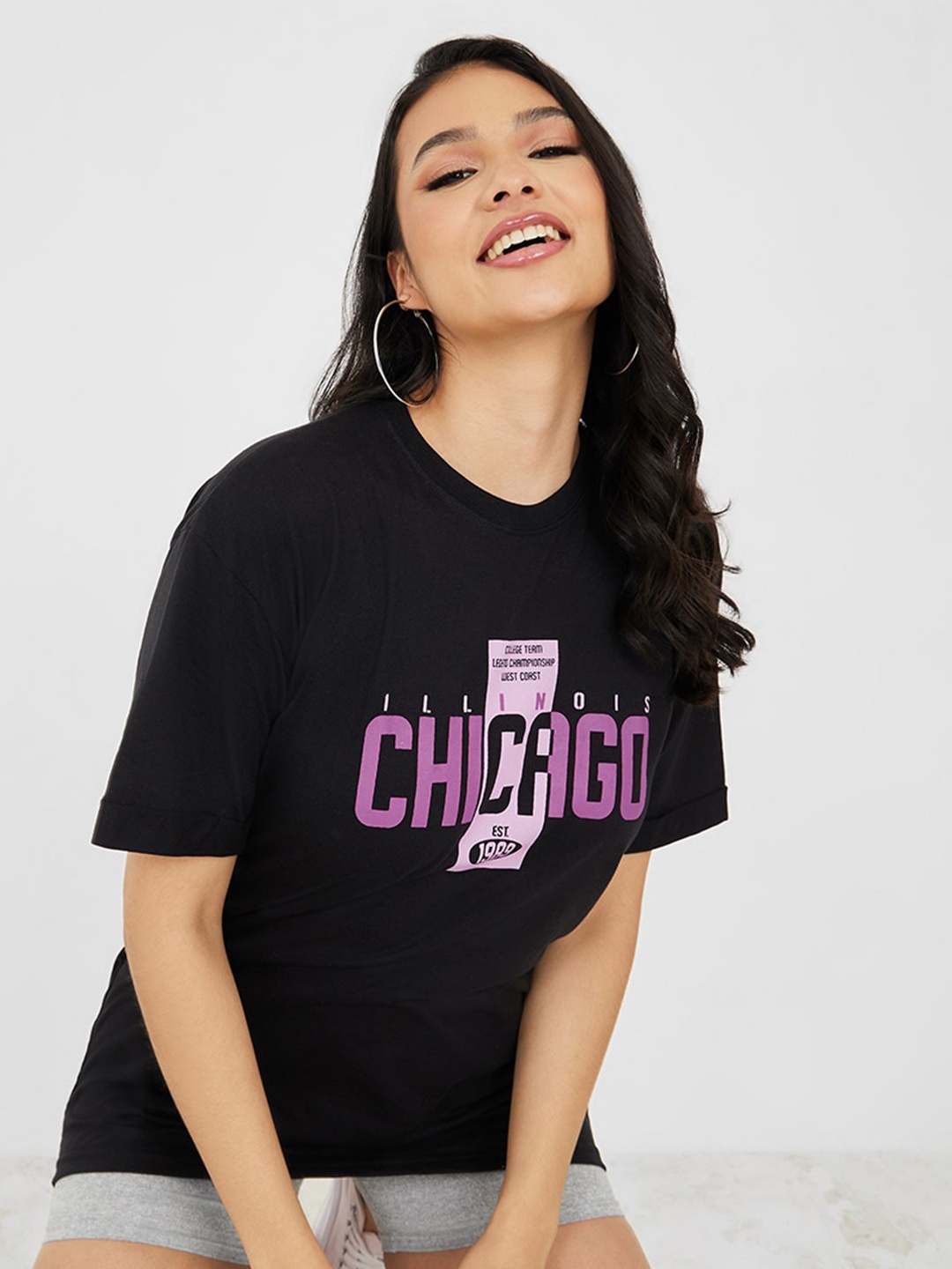 

Styli Typography Printed Drop Shoulder Sleeves Relaxed Fit Cotton T-shirt, Black
