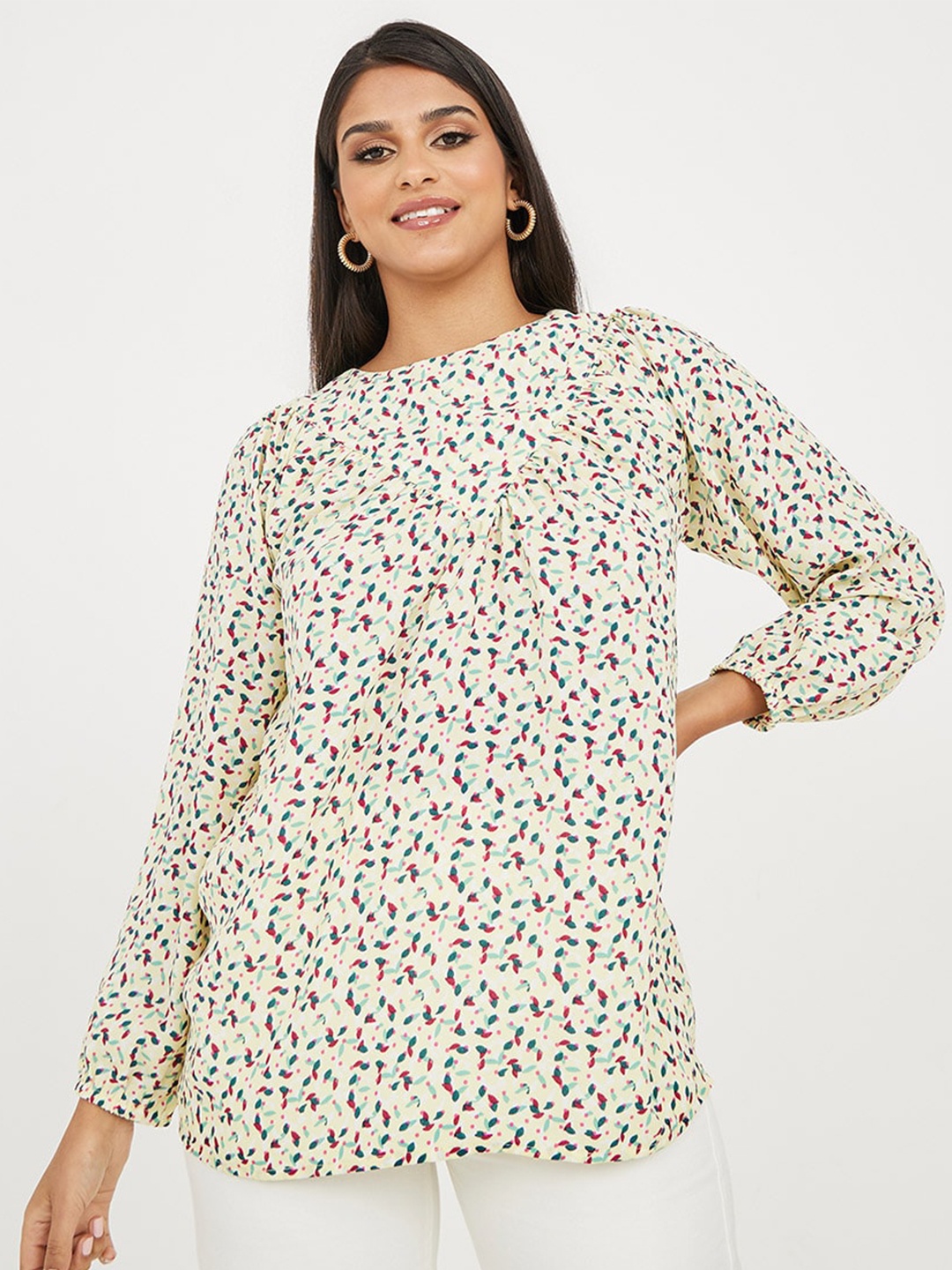 

Styli Printed Puff Sleeve Top, Cream