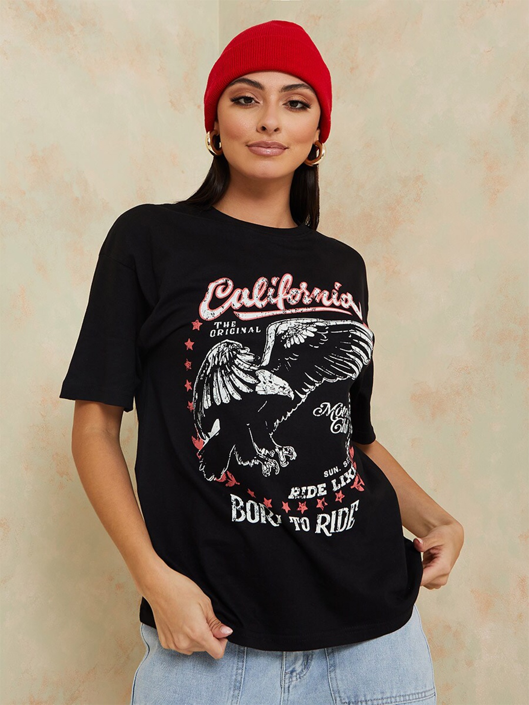 

Styli Graphic Printed Drop Shoulder Sleeves Relaxed Fit Cotton T-shirt, Black
