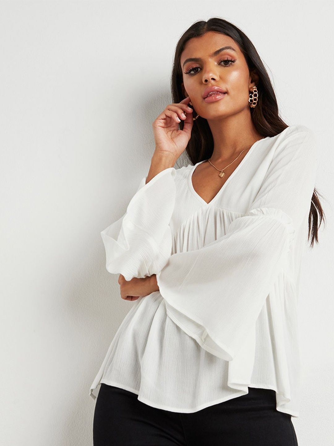 

Styli V-Neck Bell Sleeve A-Line Top, White