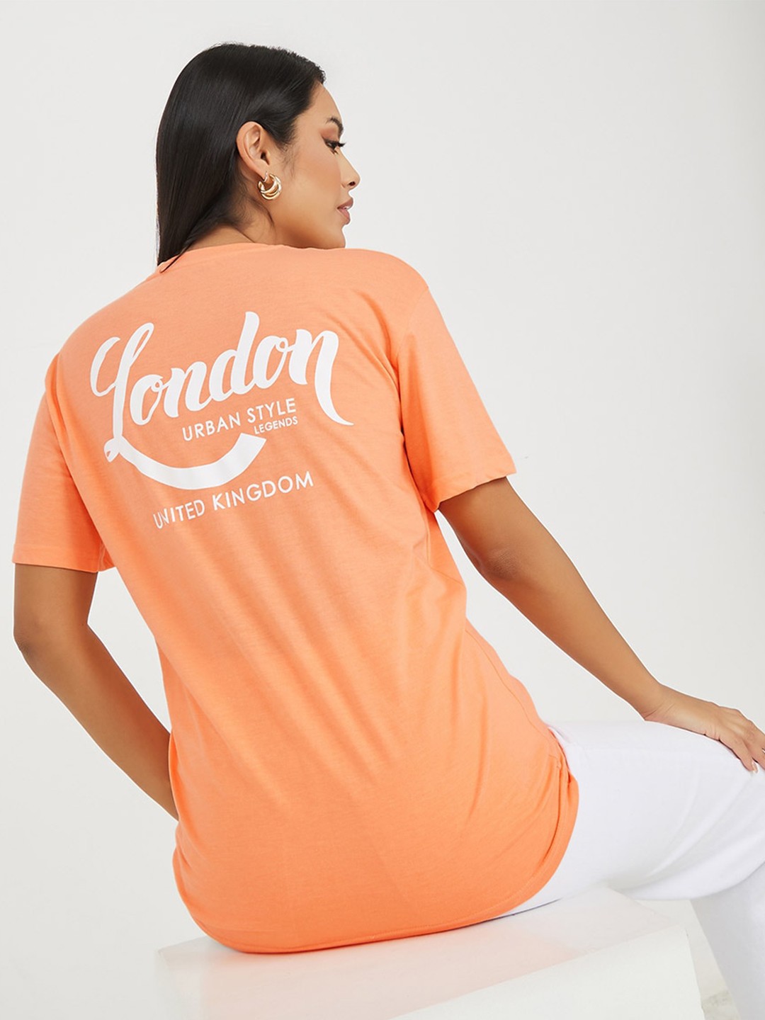 

Styli Typography Printed Drop Shoulder Sleeves Relaxed Fit Cotton T-shirt, Peach