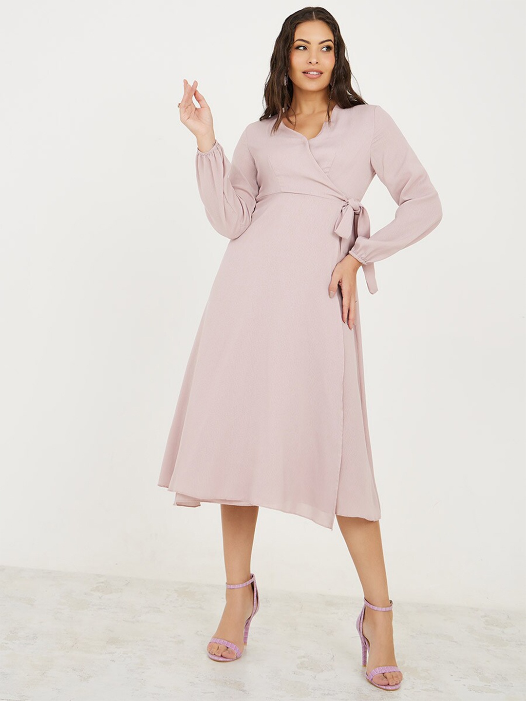 

Styli V-Neck Puff Sleeves Waist Tie-Up Wrap Dress, Lavender