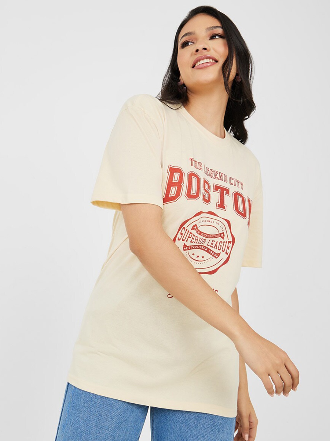 

Styli Typography Printed Drop Shoulder Sleeves Relaxed Fit T-shirt, Cream
