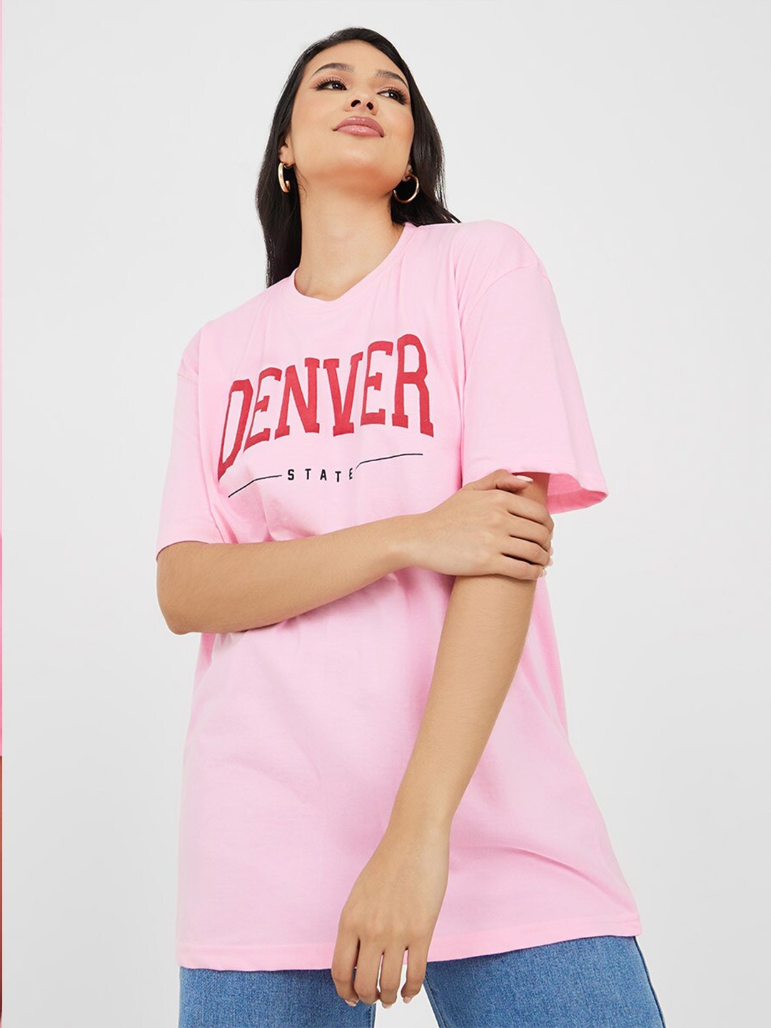 

Styli Typography Printed Drop Shoulder Sleeves Relaxed Fit Cotton T-shirt, Pink