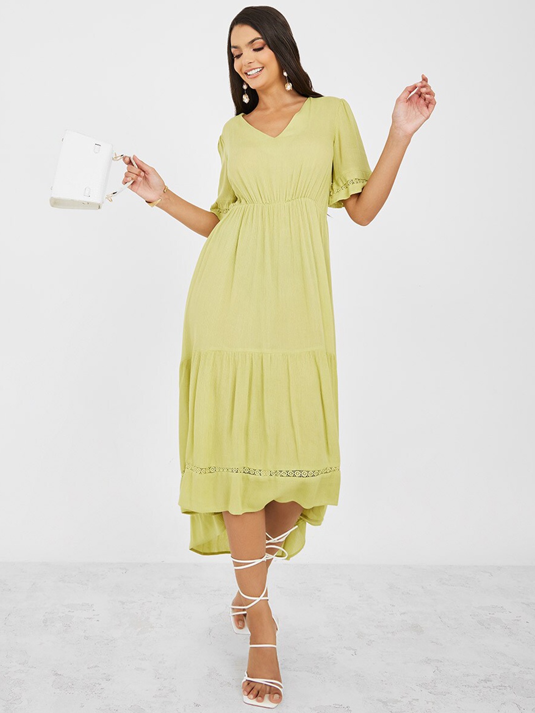 

Styli V-Neck Flared Sleeves Tiered High-Low Fit & FLare Dress, Green