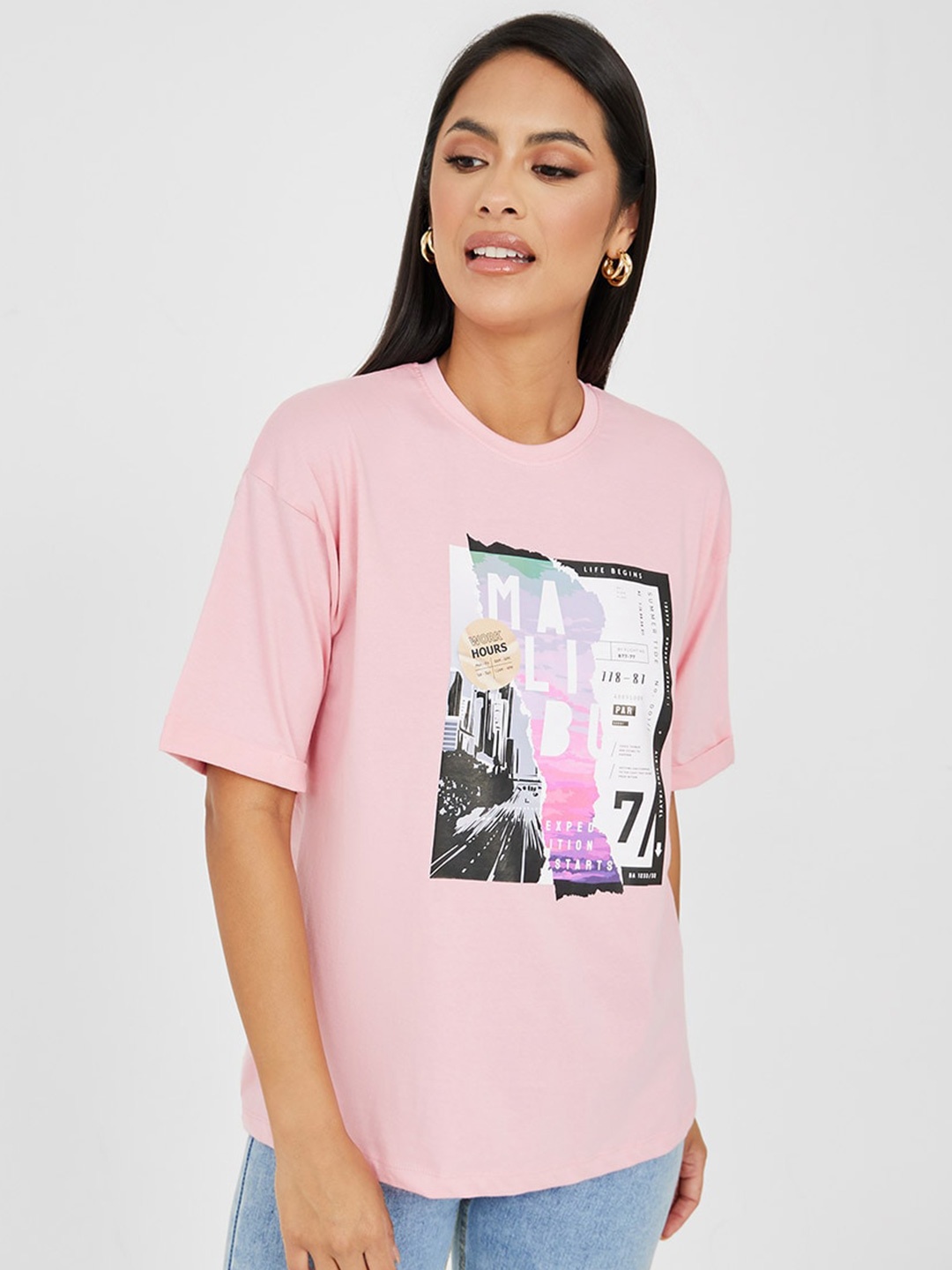 

Styli Graphic Printed Drop Shoulder Sleeves Relaxed Fit Cotton T-shirt, Pink