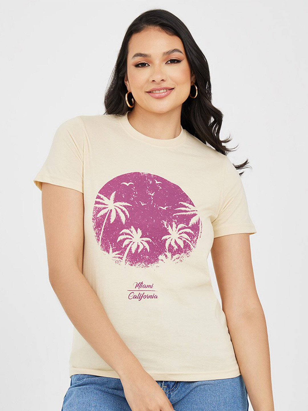 

Styli Graphic Printed Short Sleeves Cotton T-shirt, Cream