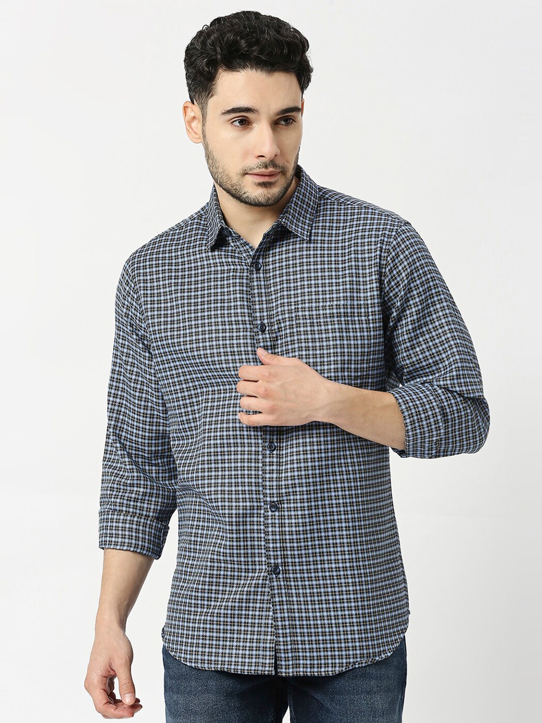 

Metronaut Men Checked Slim Fit Opaque Casual Shirt, Navy blue