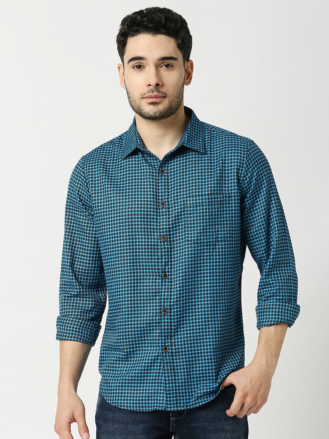 

Metronaut Men Checked Slim Fit Opaque Casual Shirt, Blue