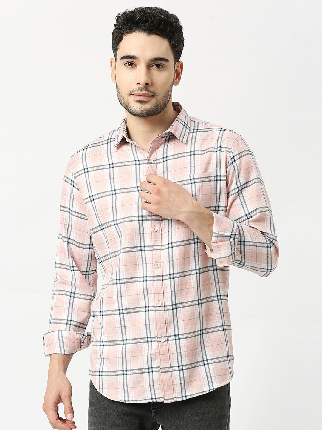 

Metronaut Men Windowpane Checked Slim Fit Opaque Casual Shirt, Pink