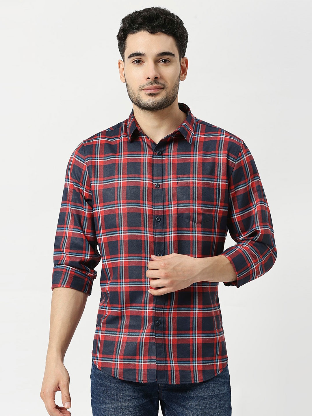 

Metronaut Men Tartan Checked Slim Fit Opaque Casual Shirt, Navy blue
