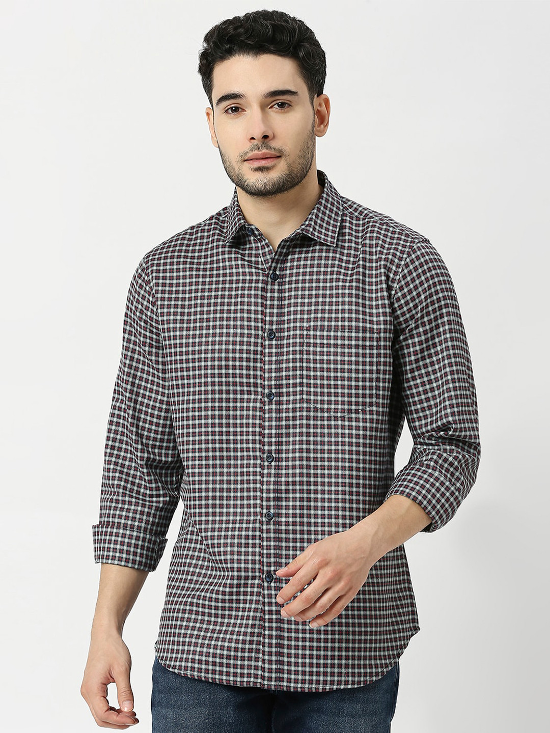 

Metronaut Men Checked Slim Fit Opaque Casual Shirt, Navy blue