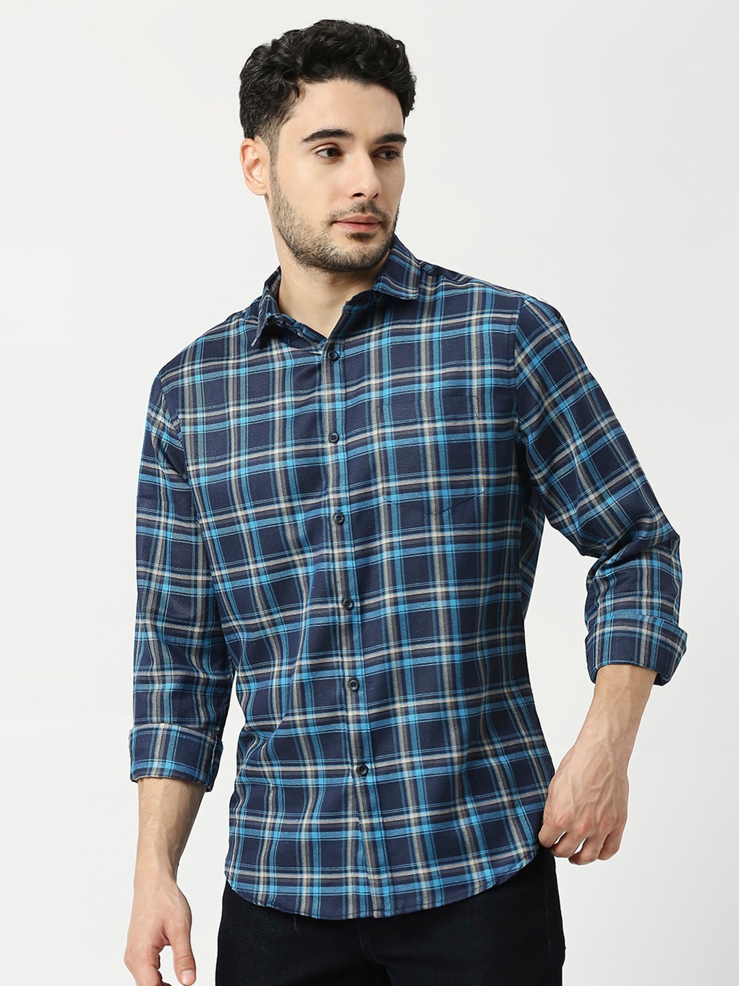 

Metronaut Men Tartan Checked Slim Fit Opaque Casual Shirt, Navy blue