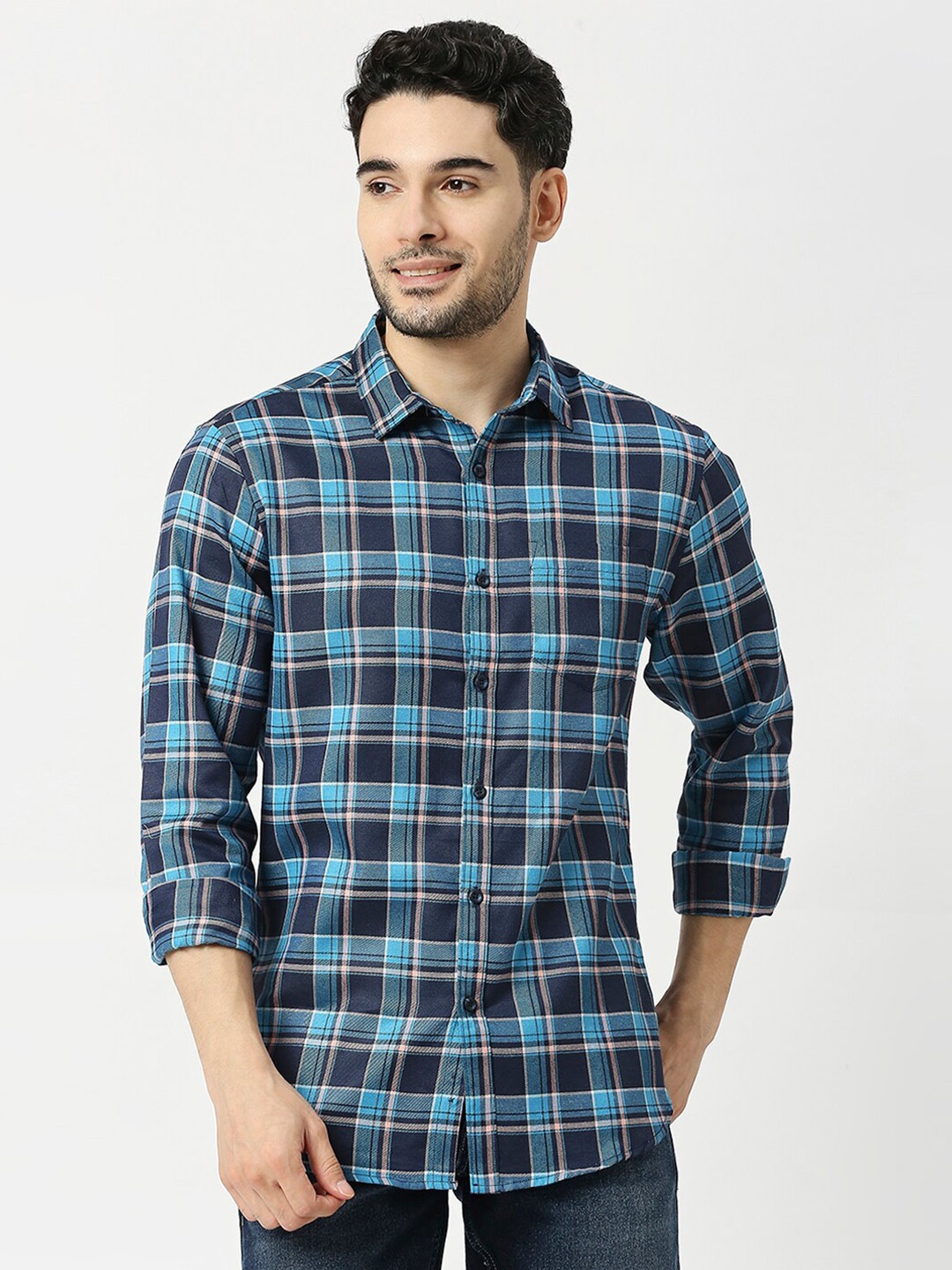 

Metronaut Men Tartan Checked Slim Fit Opaque Casual Shirt, Navy blue