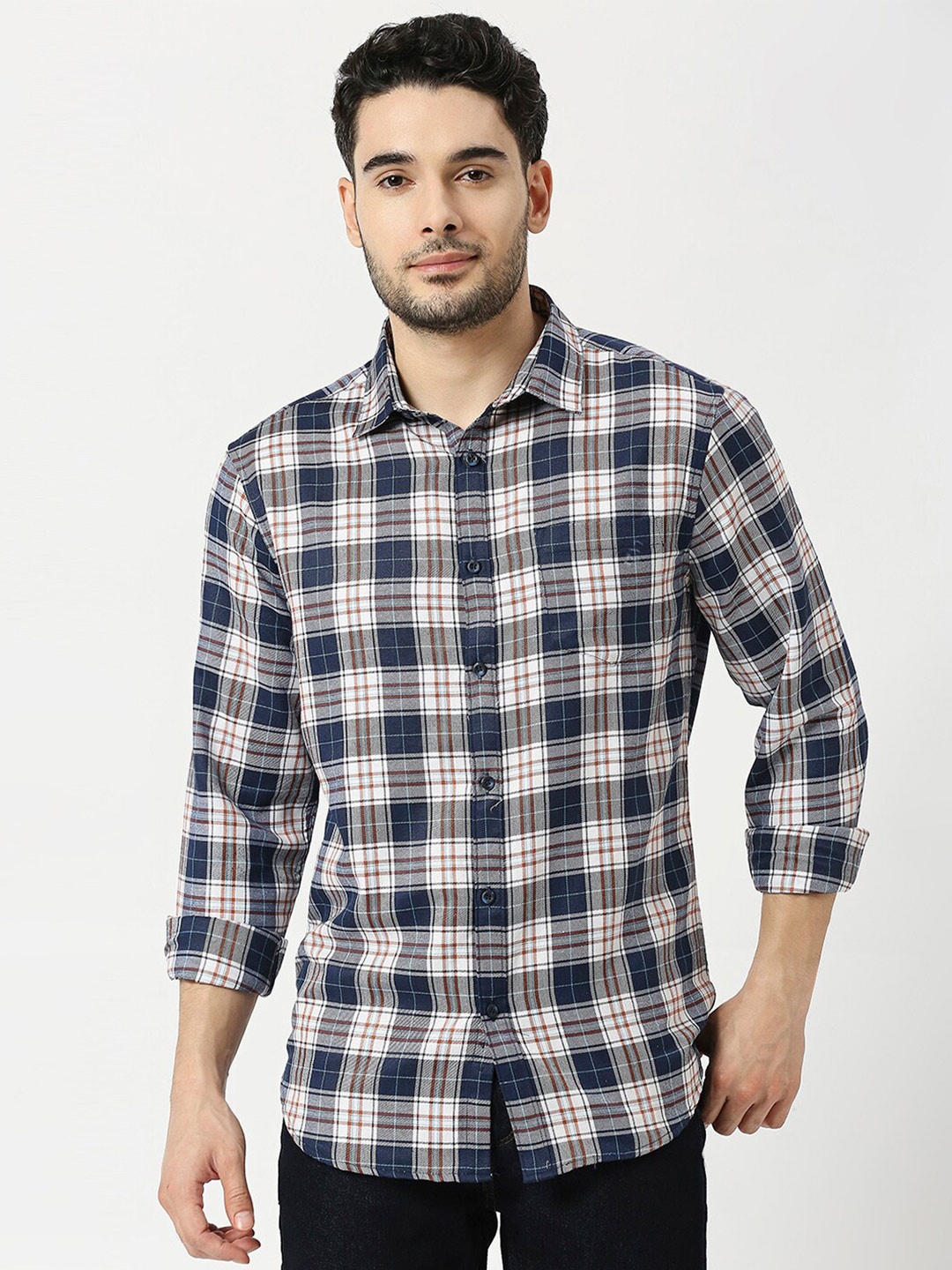 

Metronaut Men Tartan Checked Slim Fit Opaque Casual Shirt, Navy blue