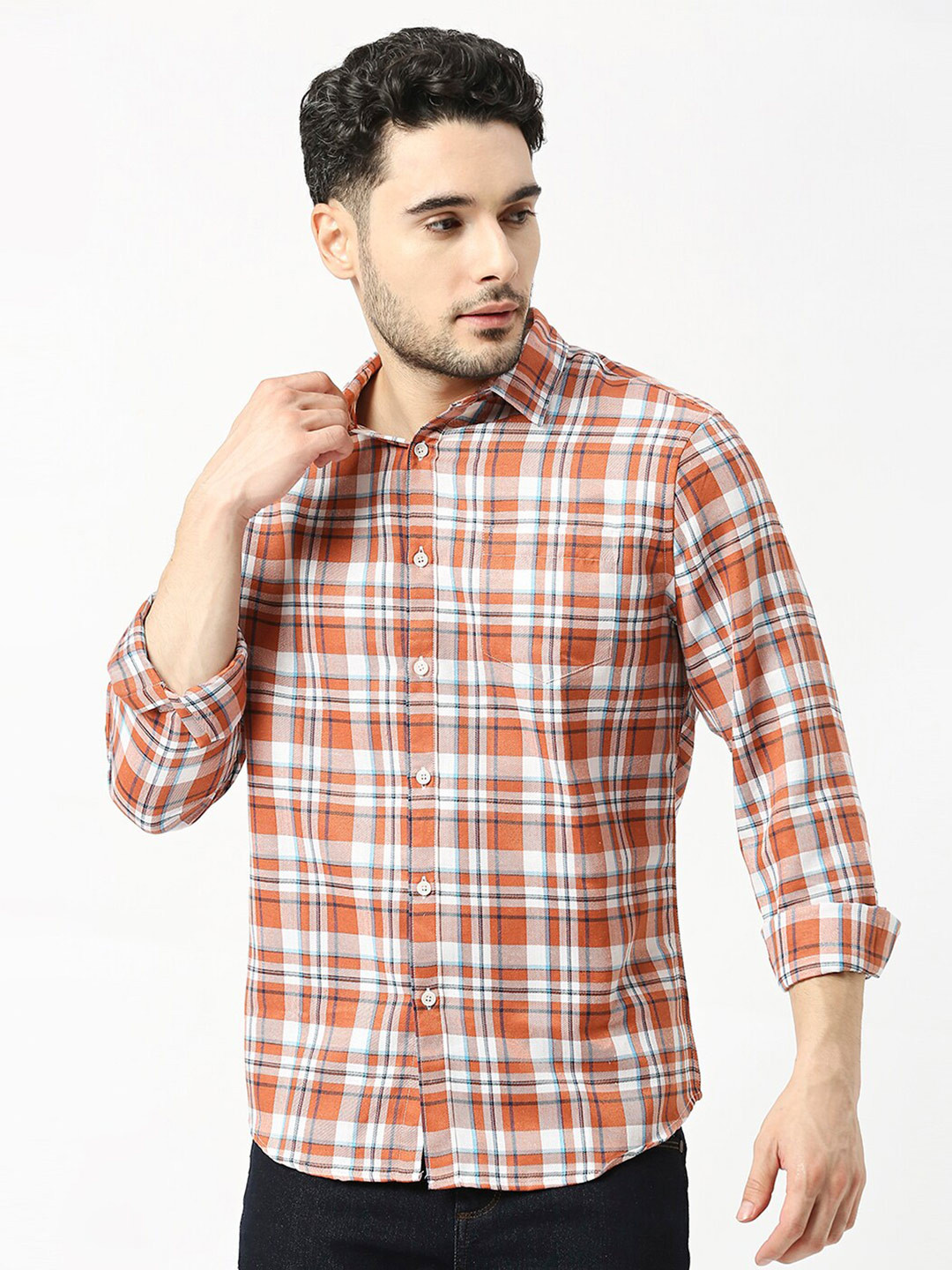 

Metronaut Men Tartan Checked Slim Fit Opaque Casual Shirt, Orange