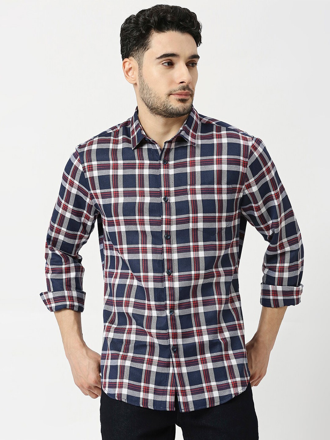 

Metronaut Men Tartan Checked Slim Fit Opaque Casual Shirt, Navy blue