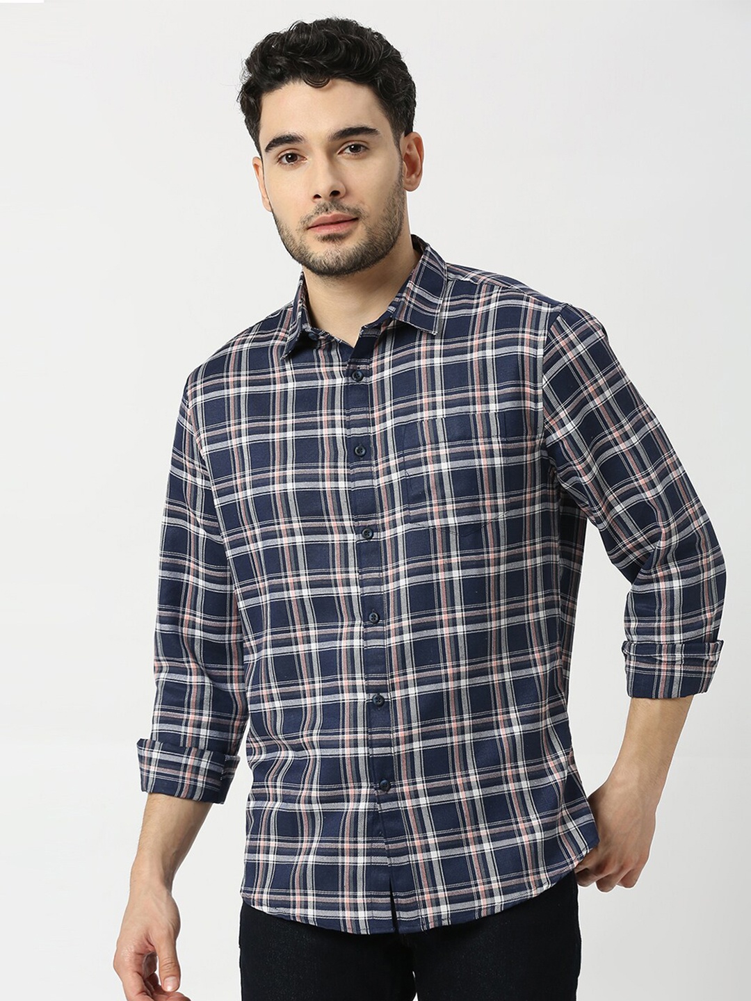 

Metronaut Men Tartan Checked Slim Fit Opaque Casual Shirt, Navy blue