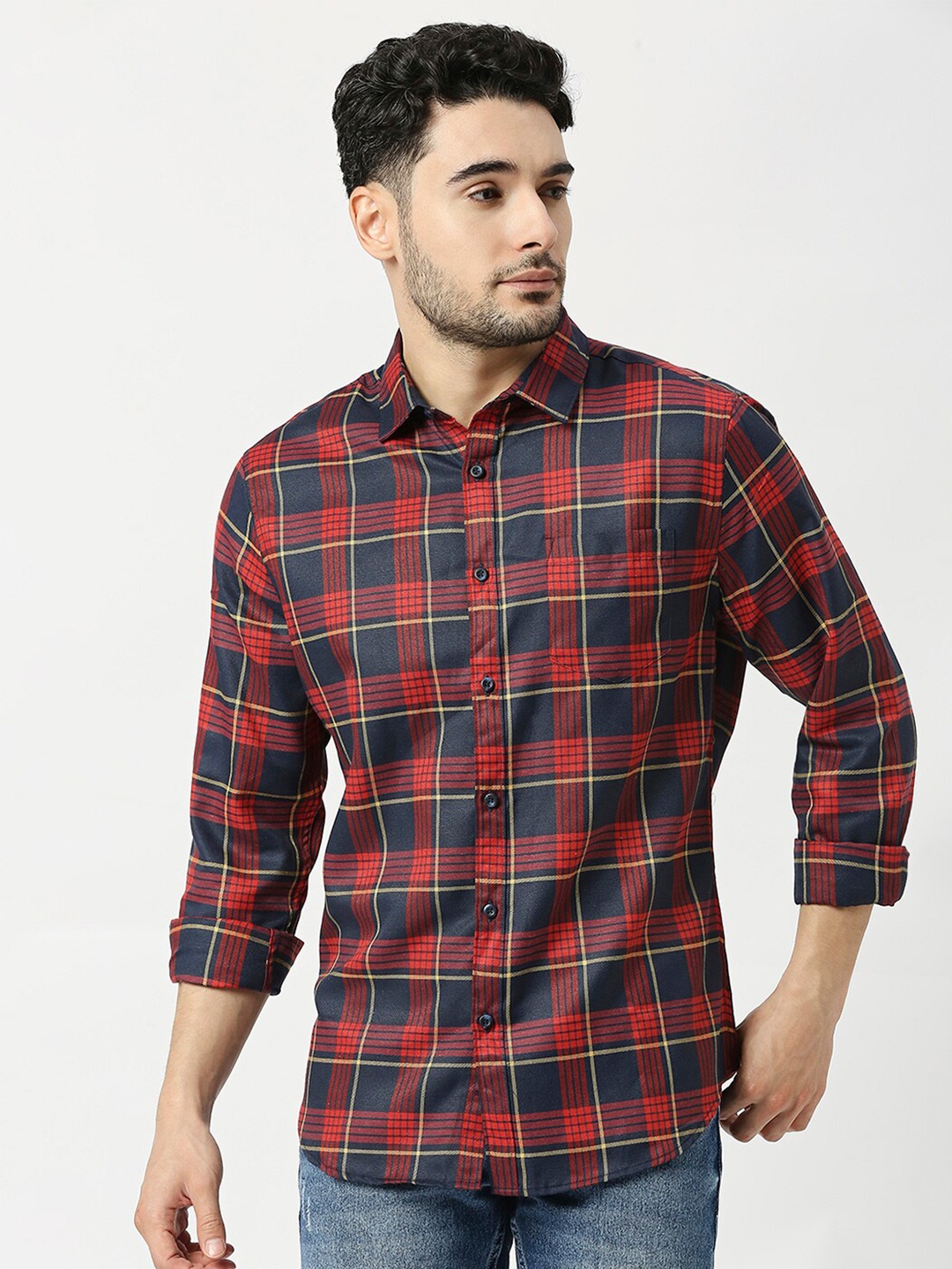 

Metronaut Men Tartan Checked Slim Fit Opaque Casual Shirt, Navy blue