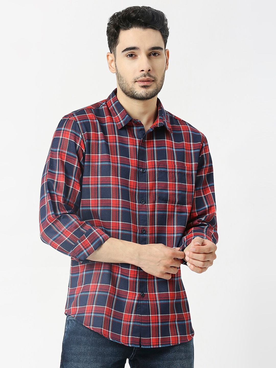 

Metronaut Men Tartan Checked Slim Fit Opaque Casual Shirt, Navy blue