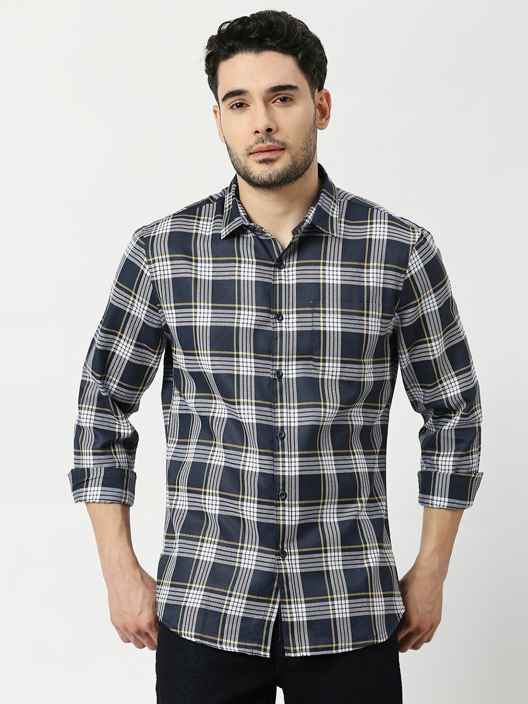 

Metronaut Men Tartan Checked Slim Fit Opaque Casual Shirt, Navy blue