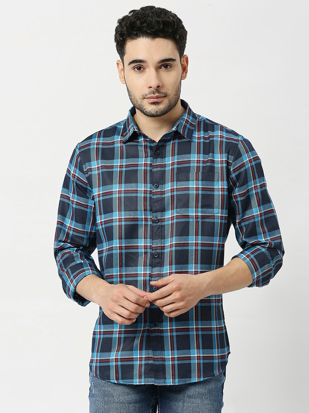 

Metronaut Men Tartan Checked Slim Fit Opaque Casual Shirt, Navy blue