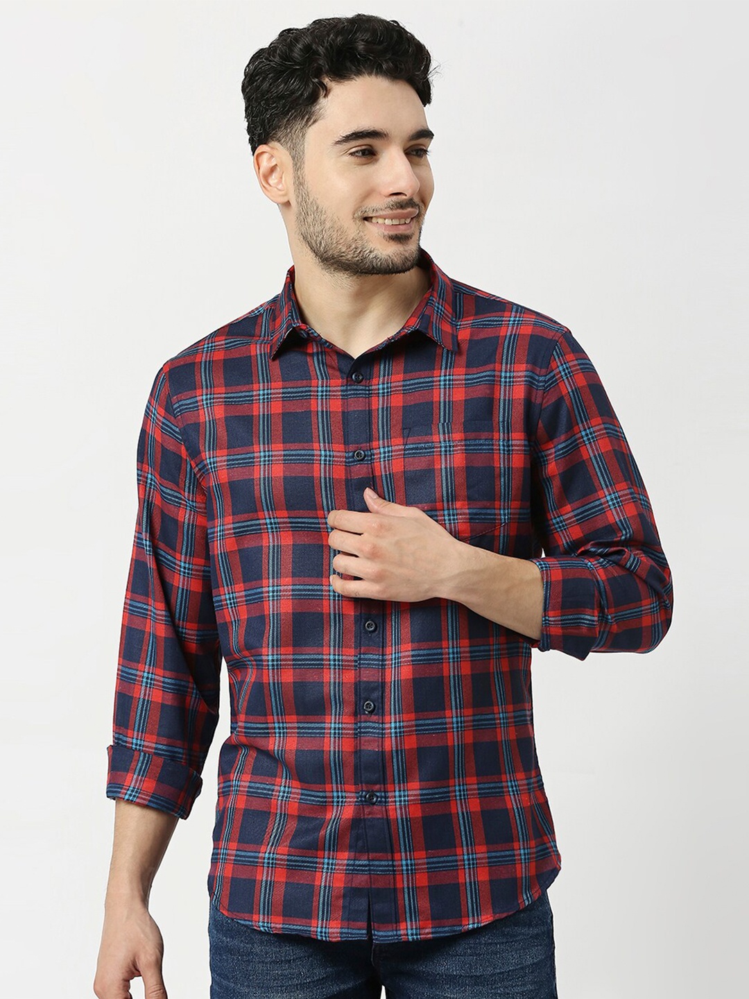 

Metronaut Men Tartan Checked Slim Fit Opaque Casual Shirt, Navy blue