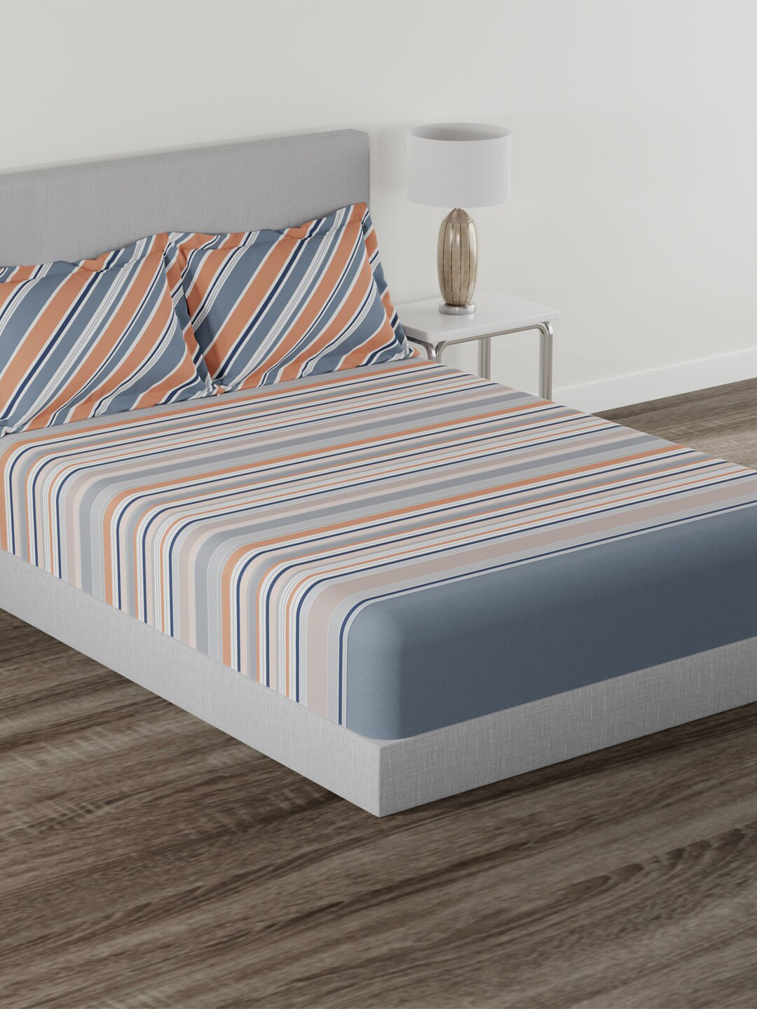 

MYTRIDENT Home Essential Orange Striped Cotton 144 TC King Bedsheet With 2 Pillow Covers