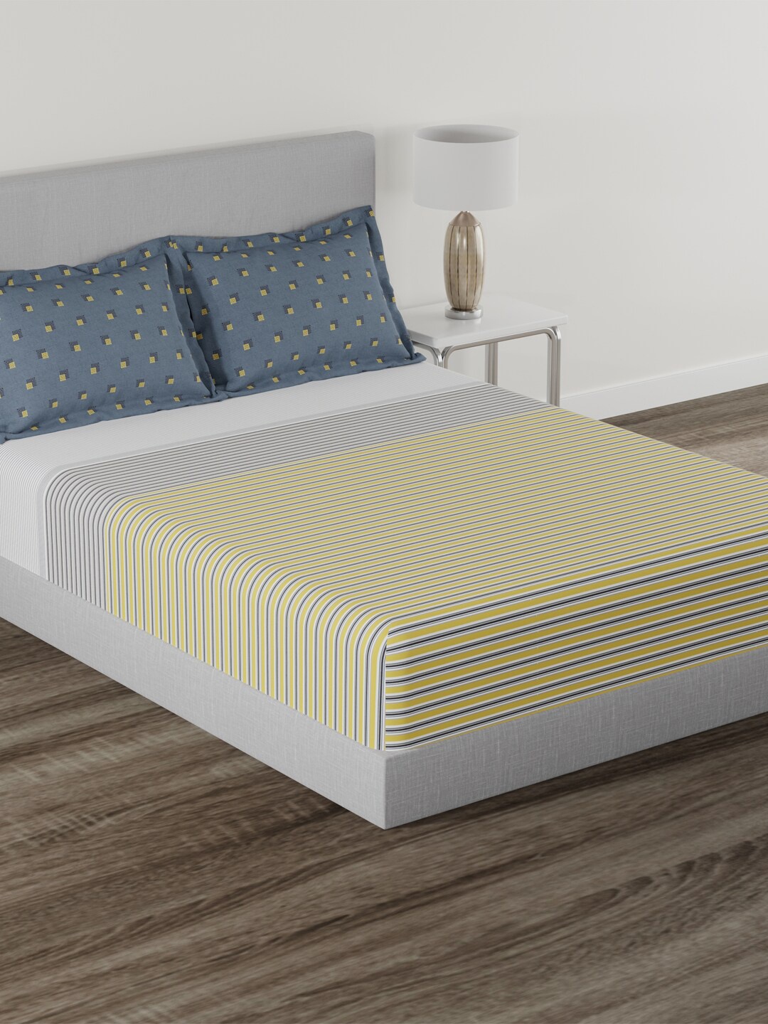 

MYTRIDENT Home Essential Yellow Striped Cotton 144 TC King Bedsheet With 2 Pillow Covers