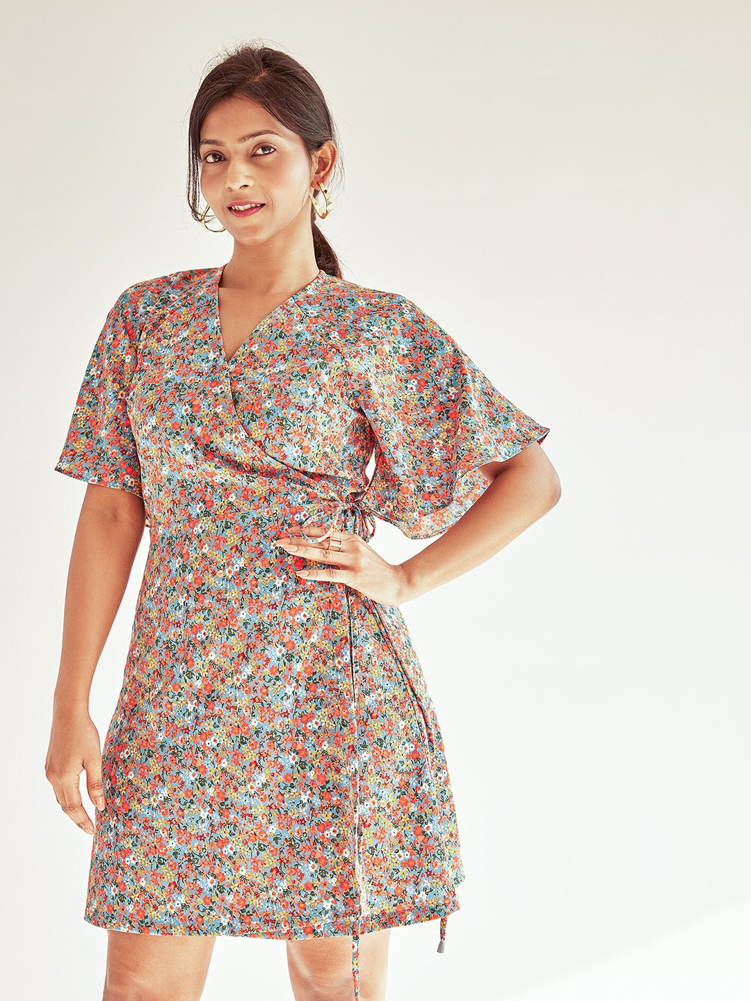 

The Label Life V-Neck Floral Print Flared Sleeve Dress, Blue