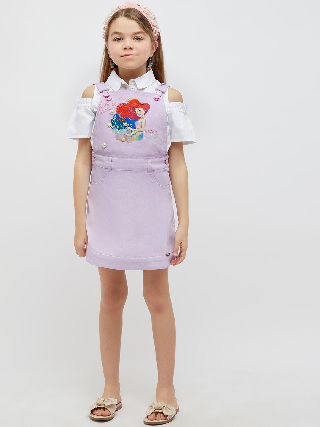 

One Friday Girls Mermaid Printed Pure Cotton Pinafore, Purple
