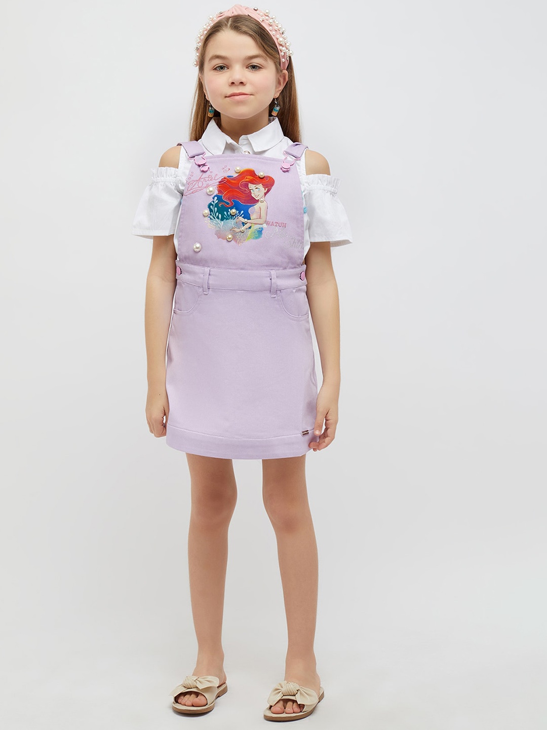 

One Friday Girls Mermaid Printed Pure Cotton Pinafore, Purple
