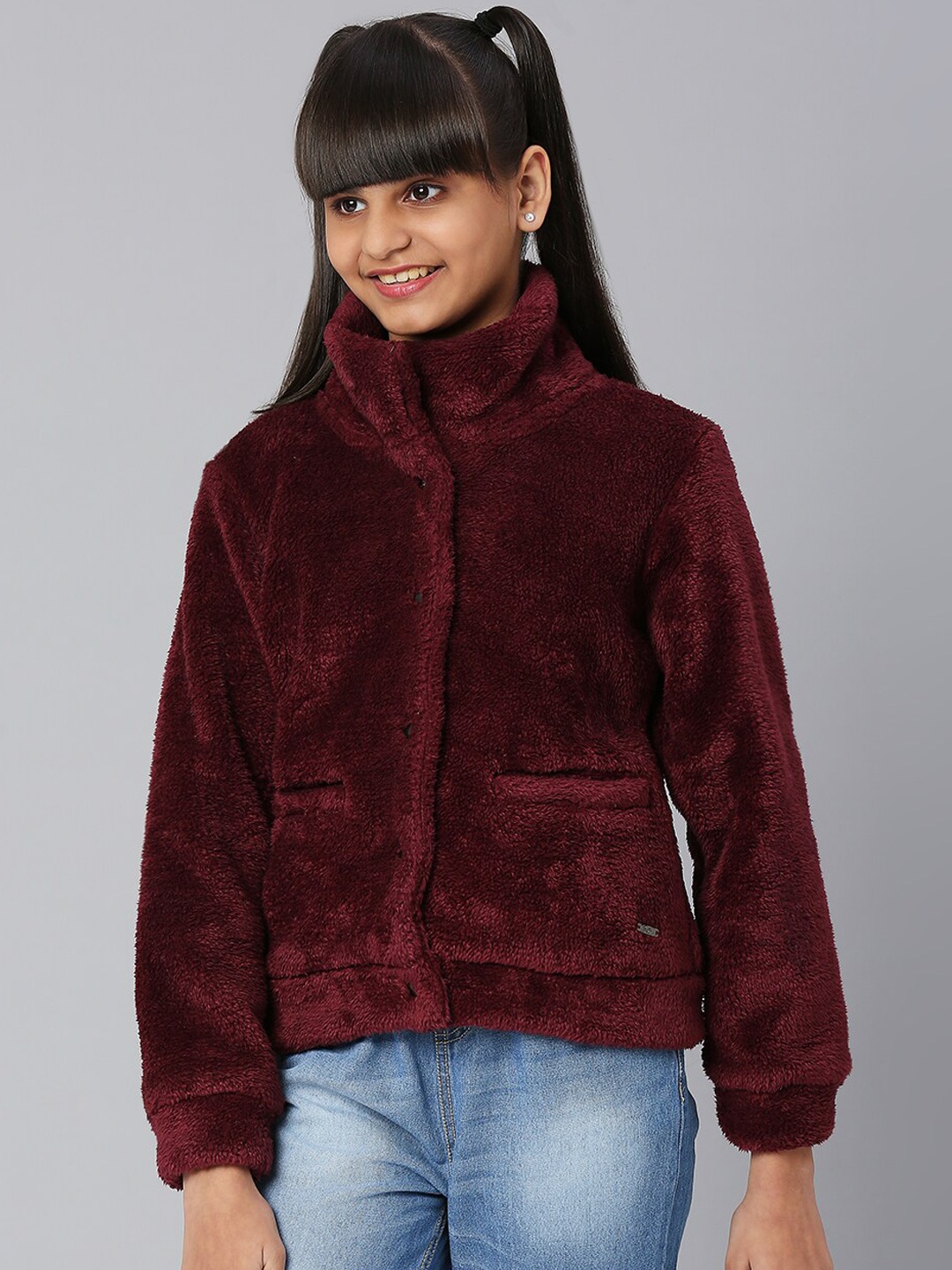 

JUSTICE Girls Faux Fur Trim Open Front Jacket, Maroon