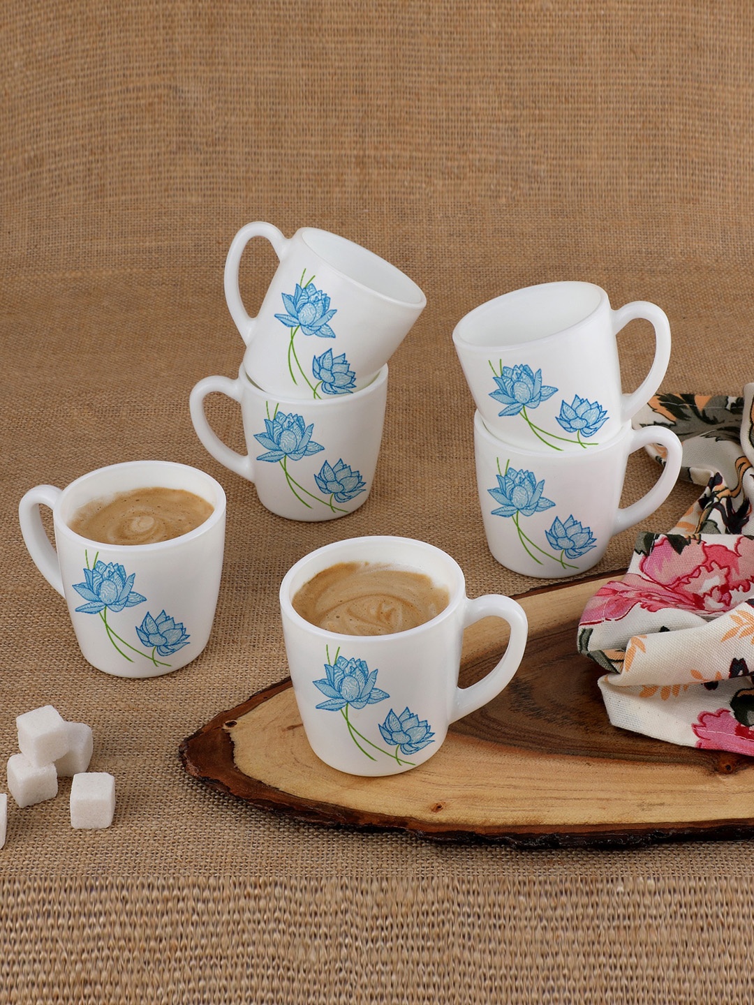 

Cello White 6 Pieces Floral Printed Opalware Glass Coffee Mugs 100 ml Each